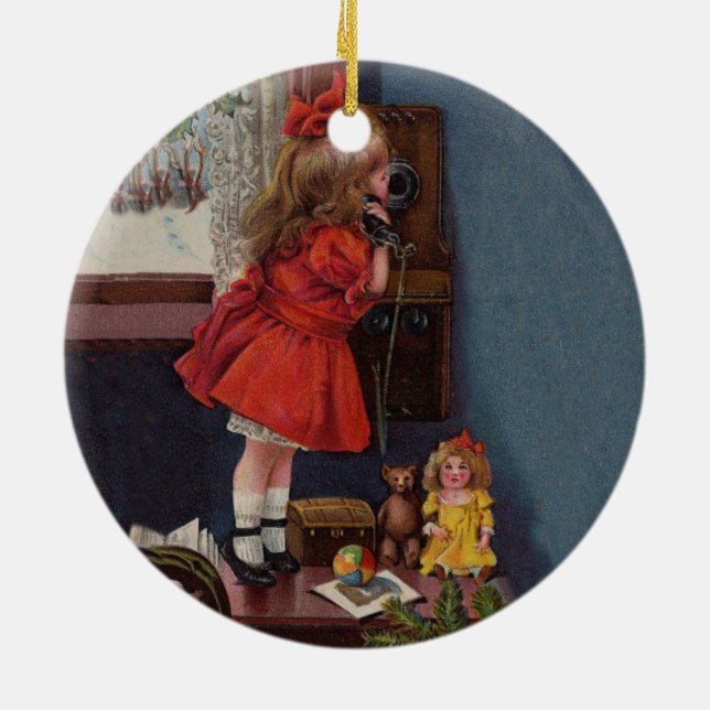Christmas Little Girl Telephone Antique Ceramic Tree Decoration (Back)