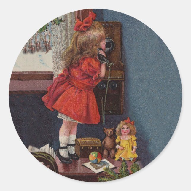 Christmas Little Girl Telephone Antique Classic Round Sticker (Front)