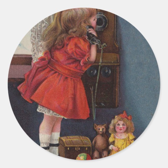 Christmas Little Girl Telephone Antique Classic Round Sticker (Front)