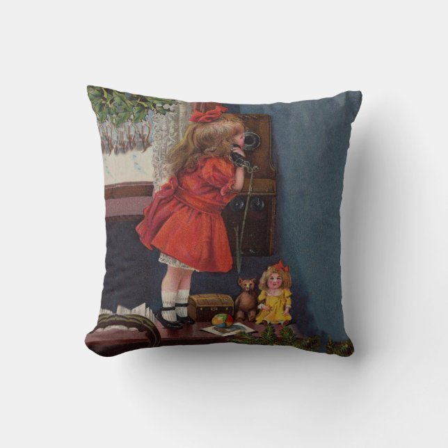 Christmas Little Girl Telephone Antique Cushion (Front)