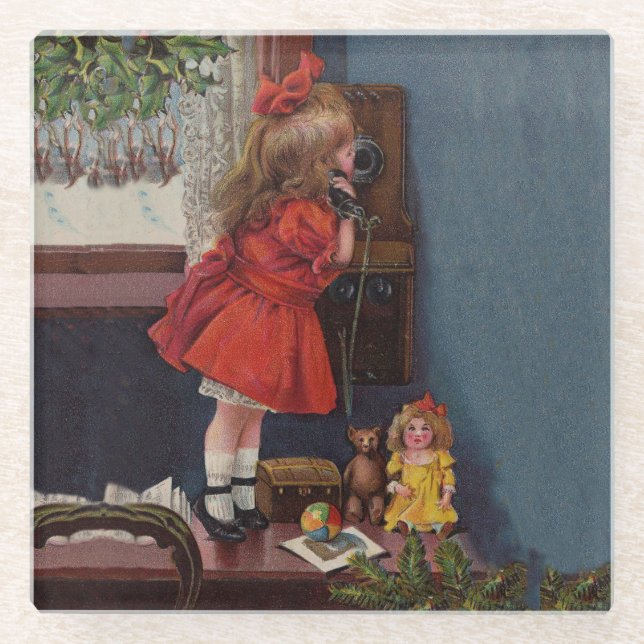 Christmas Little Girl Telephone Antique Glass Coaster (Front)