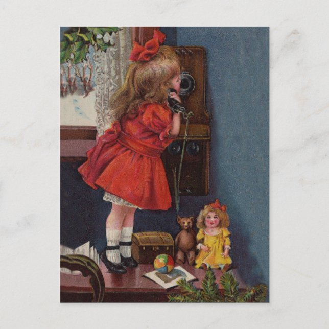 Christmas Little Girl Telephone Antique Holiday Postcard (Front)