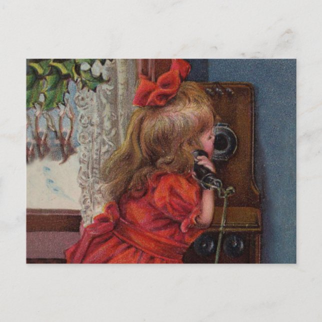Christmas Little Girl Telephone Antique Holiday Postcard (Front)