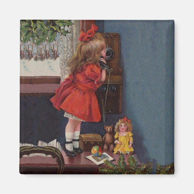 Christmas Little Girl Telephone Antique Magnet (Front)