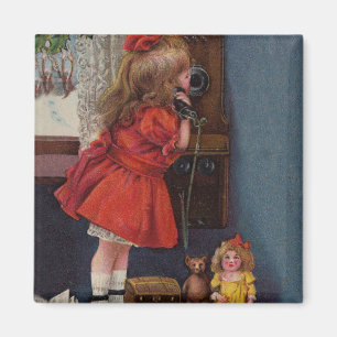 Christmas Little Girl Telephone Antique Magnet