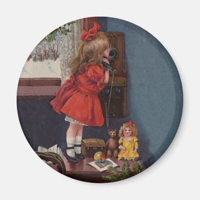 Christmas Little Girl Telephone Antique Magnet (Front)