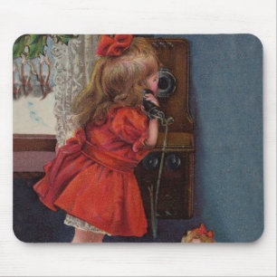 Christmas Little Girl Telephone Antique Mouse Mat