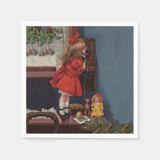 Christmas Little Girl Telephone Antique Napkin (Front)