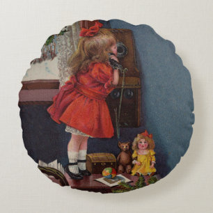 Christmas Little Girl Telephone Antique Round Cushion