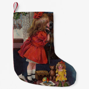 Christmas Little Girl Telephone Antique Small Christmas Stocking
