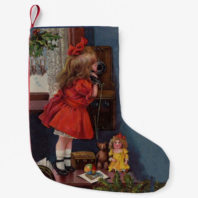 Christmas Little Girl Telephone Antique Small Christmas Stocking (Front)