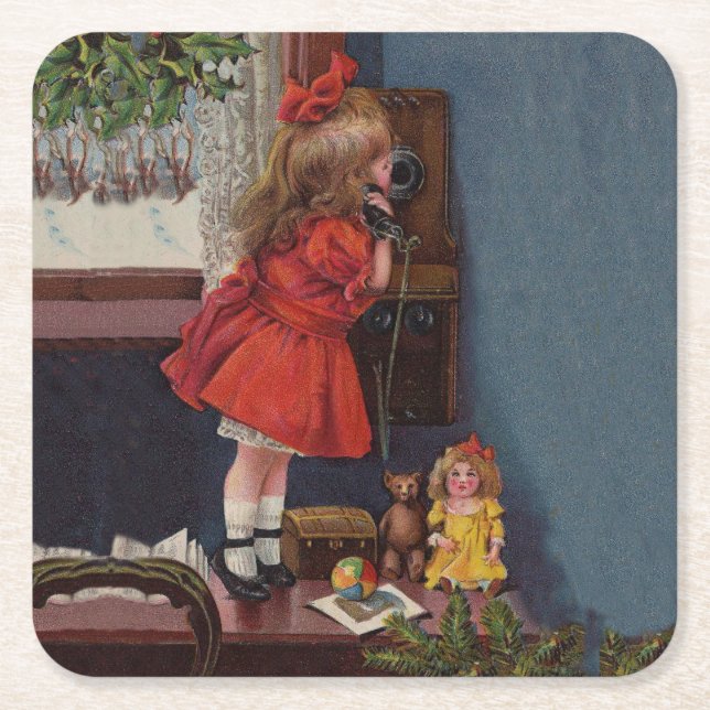 Christmas Little Girl Telephone Antique Square Paper Coaster (Front)