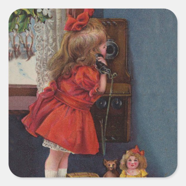Christmas Little Girl Telephone Antique Square Sticker (Front)