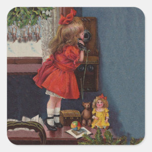 Christmas Little Girl Telephone Antique Square Sticker
