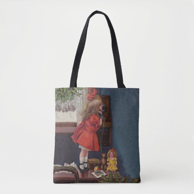 Christmas Little Girl Telephone Antique Tote Bag (Front)