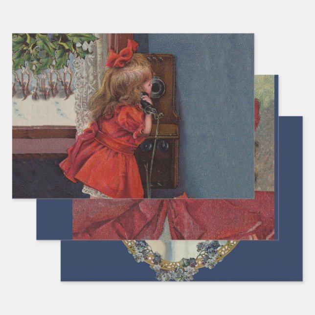 Christmas Little Girl Telephone Antique Wrapping Paper Sheet (Set)