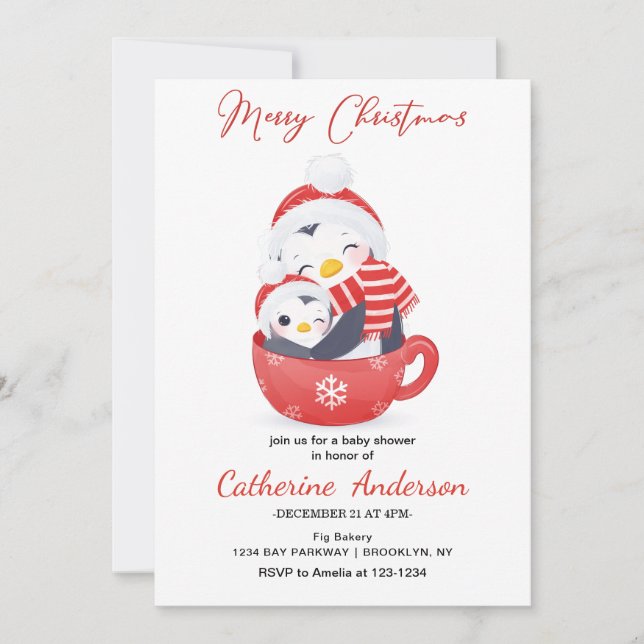 Christmas Little penguins in a mug Baby Shower  In Invitation (Front)