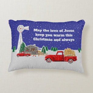 Christmas Little Red Truck with cabin and windmill Decorative Cushion