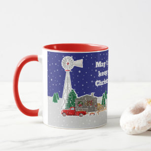 Christmas Little Red Truck with cabin and windmill Mug