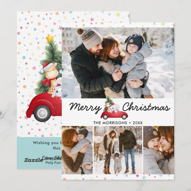 Christmas Little Stars Elephant Friends 4 Photo Holiday Card (Front/Back)
