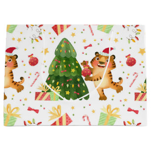 Christmas Little Tiger In Xmas Tree Gift Pattern Large Gift Bag