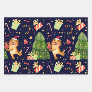 Christmas Little Tiger In Xmas Tree Gift Pattern Wrapping Paper Sheet