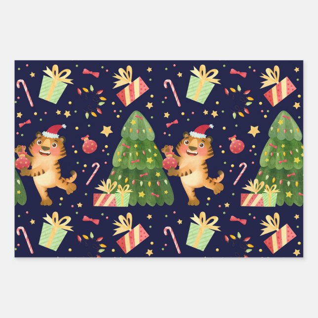 Christmas Little Tiger In Xmas Tree Gift Pattern Wrapping Paper Sheet (Front)