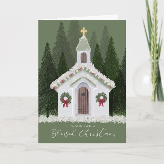 Christmas Little White Church in Snowy Forest   Card (Front)