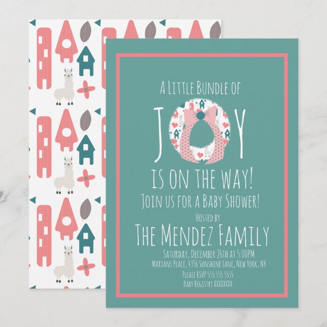 Christmas Llama Baby Shower Wreath Joy Bundle Invitation (Front/Back)