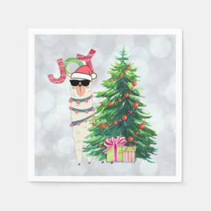 Christmas Llama   Joy Typography   Silver Bokeh Napkin