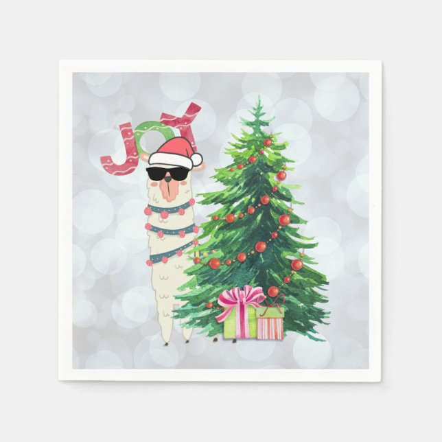 Christmas Llama | Joy Typography | Silver Bokeh Napkin (Front)
