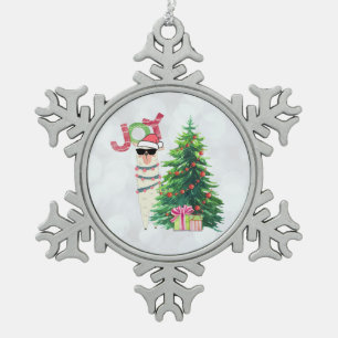 Christmas Llama   Joy Typography   Silver Bokeh Snowflake Pewter Christmas Ornament