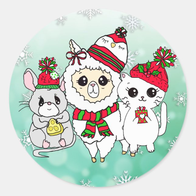 Christmas Llama, Kitten and Mouse Holiday Classic Round Sticker (Front)