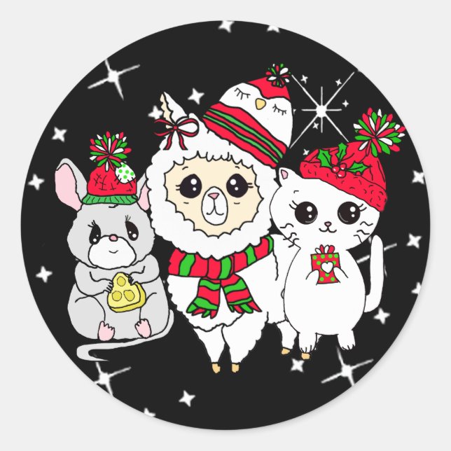 Christmas Llama, Kitten and Mouse Holiday Classic Round Sticker (Front)
