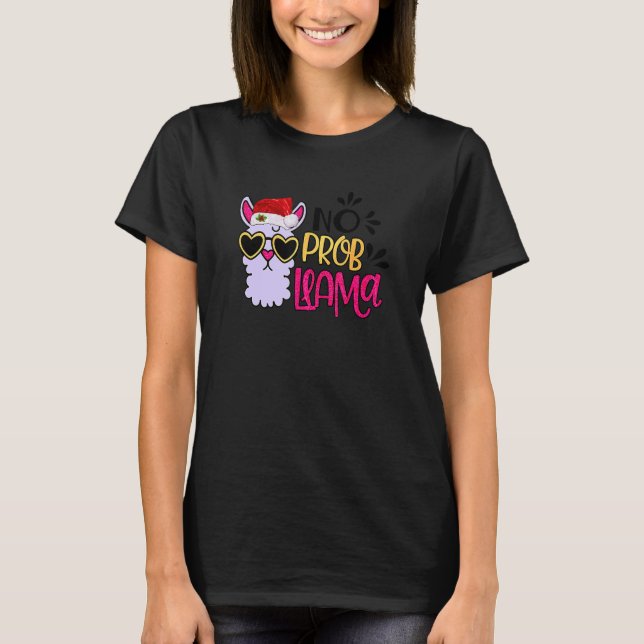 Christmas Llama No Prob Llama Santa Hat Holiday T-Shirt (Front)