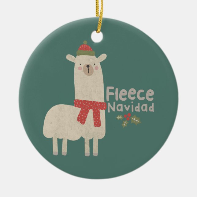 Christmas Llama Pun: Fleece Navidad Ceramic Tree Decoration (Front)