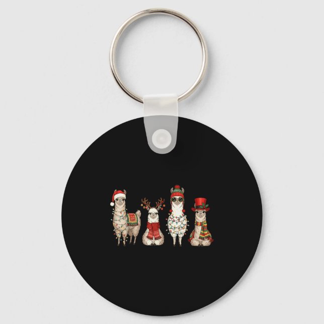 Christmas Llama Quartet Lights Santa Antlers Top H Key Ring (Front)