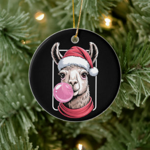 Christmas Llama Santa Hat Bubblegum Scarf Xmas Ceramic Tree Decoration
