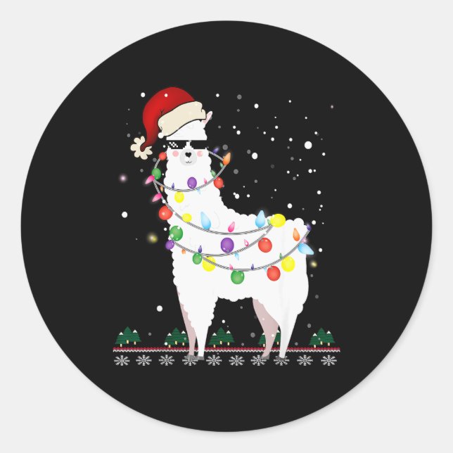 Christmas Llama Santa Hat Ugly Xmas Tree Alpaca Gi Classic Round Sticker (Front)
