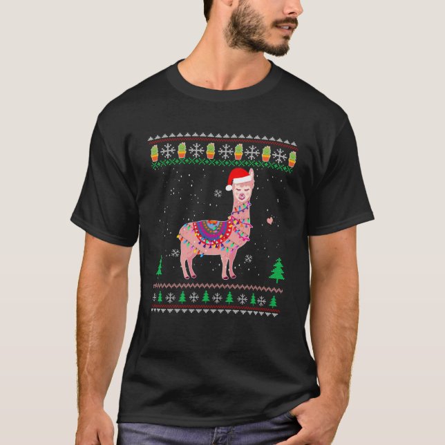 Christmas Llama Santa Hat Ugly Xmas Tree Alpaca T-Shirt (Front)