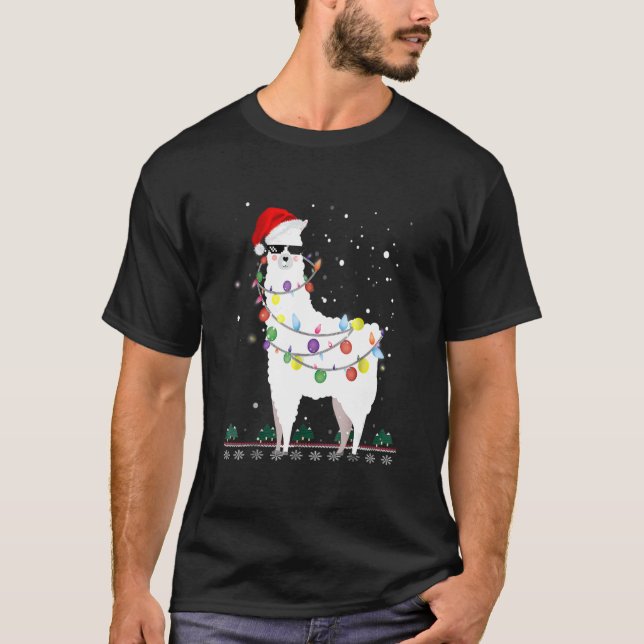 Christmas Llama Santa Hat Ugly Xmas Tree Alpaca T-Shirt (Front)