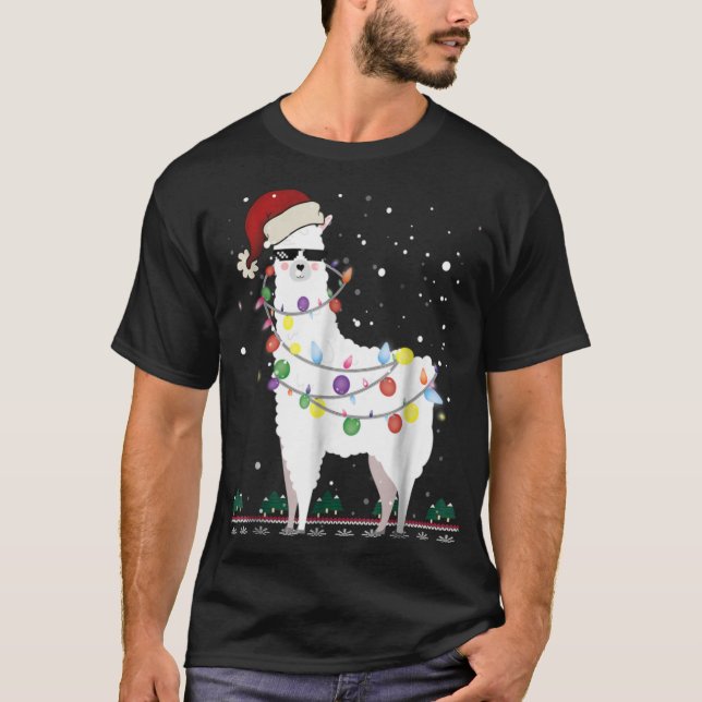 Christmas Llama Santa Hat Ugly Xmas Tree Alpaca T  T-Shirt (Front)