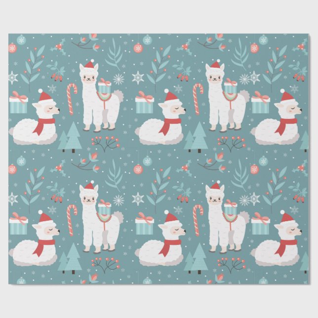 Christmas Llama Teal Winter Seamless Pattern Wrapping Paper (Flat)