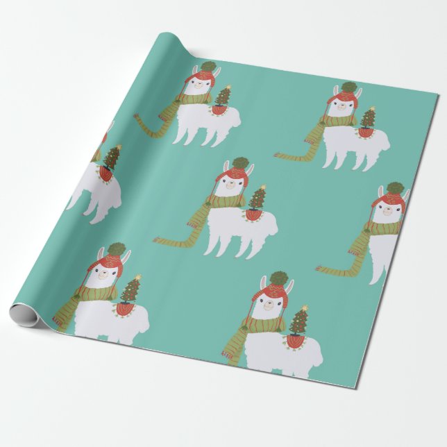 Christmas Llama Teal Wrapping Paper (Unrolled)
