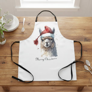 Christmas Llama Watercolor Santa Hat Custom Text Apron