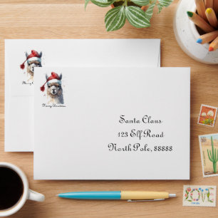 Christmas Llama Watercolor Santa Hat Custom Text Envelope