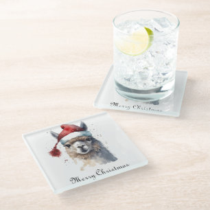 Christmas Llama Watercolor Santa Hat Custom Text Glass Coaster