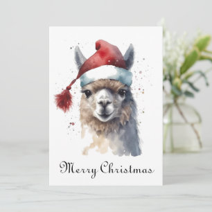 Christmas Llama Watercolor Santa Hat Custom Text Holiday Card