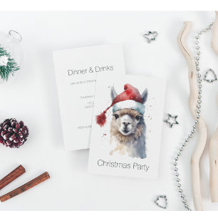 Christmas Llama Watercolor Santa Hat Custom Text Invitation