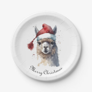 Christmas Llama Watercolor Santa Hat Custom Text Paper Plate
